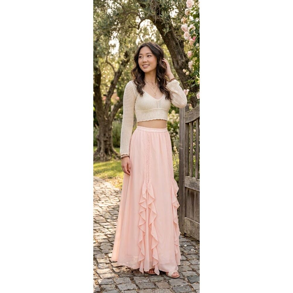 NWT Thirty Thirty LA Skirt Peach Pink Maxi Long Ruffle Elastic Waist Sz S Fairy